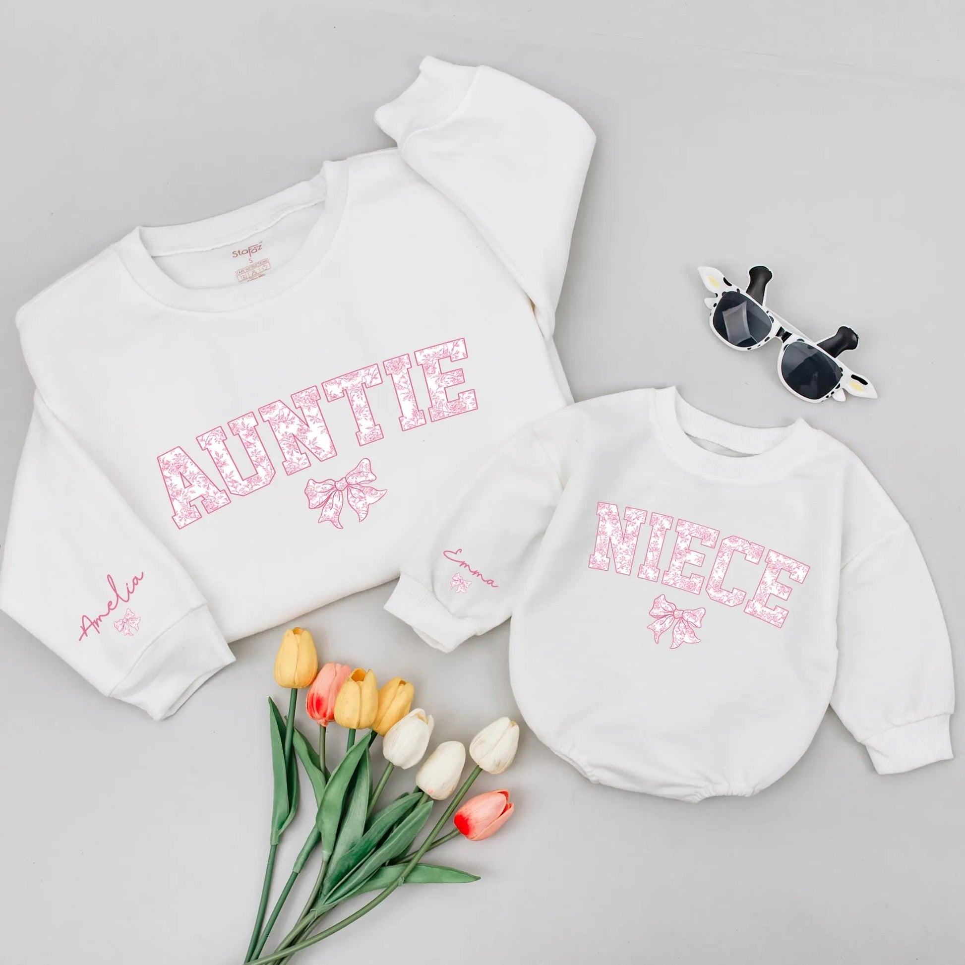 Custom Matching Auntie Niece Sweatshirt Chinoiserie Floral Block Lettering Coquette Bow Personalized Sleeve Name Pink White Gift