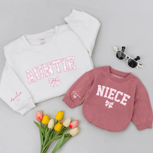Custom Matching Auntie Niece Sweatshirt Chinoiserie Floral Block Lettering Coquette Bow Personalized Sleeve Name Pink White Gift