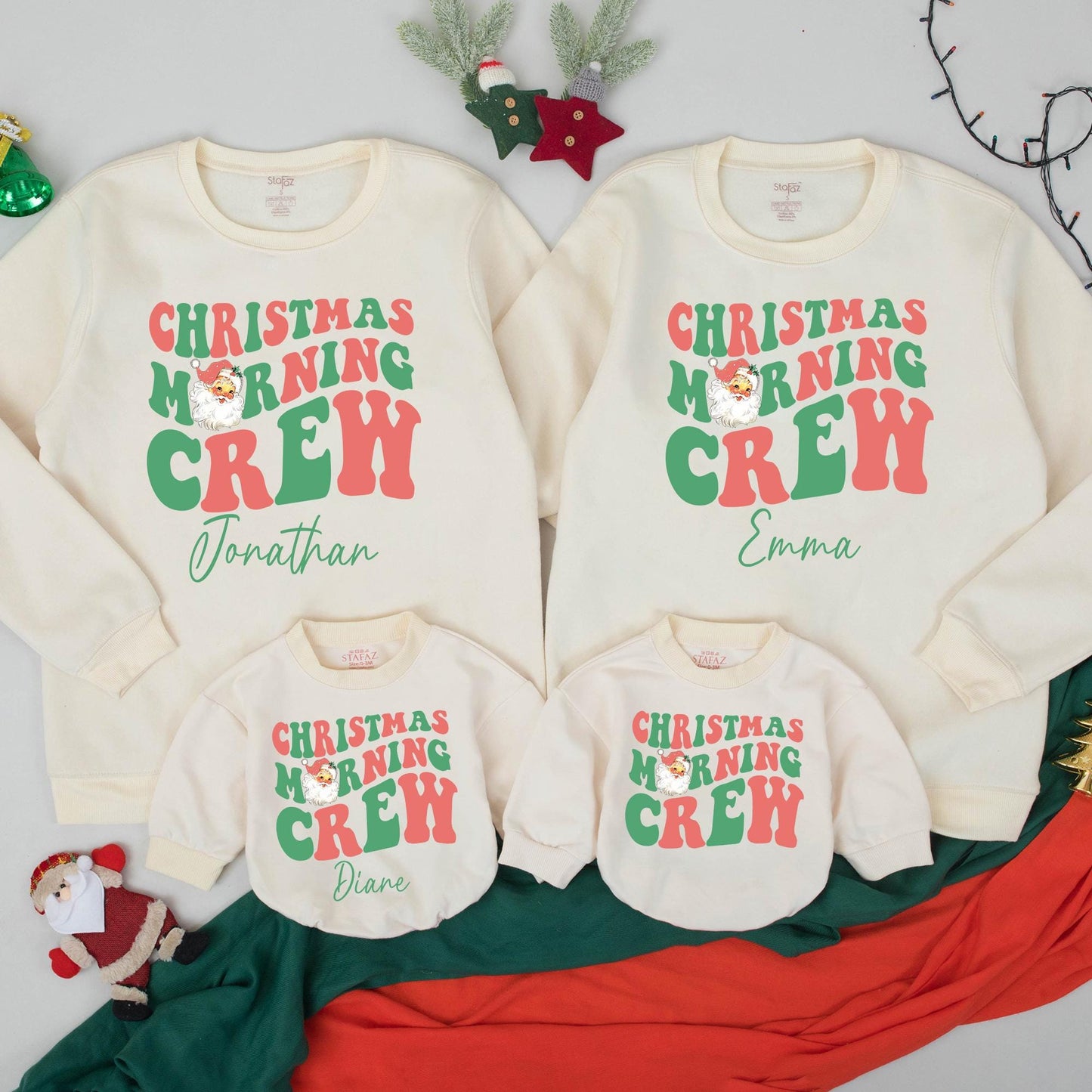 Christmas Morning Crew Retro Sweatshirt for Kids & Toddlers, Red & Green Holiday Outfit, Family Matching Option Available, Winter Kid Sweater