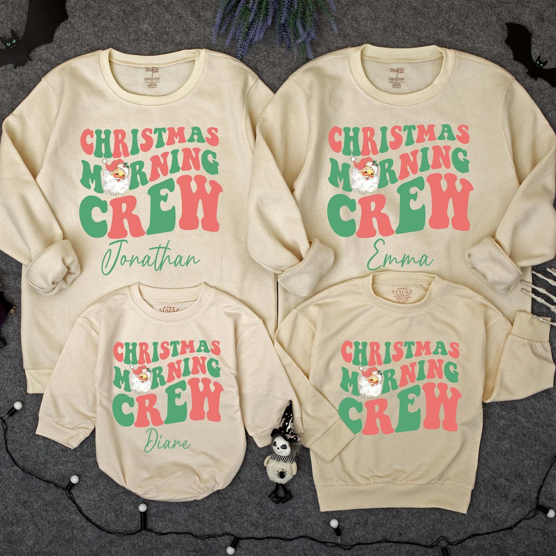 Christmas Morning Crew Retro Sweatshirt for Kids & Toddlers, Red & Green Holiday Outfit, Family Matching Option Available, Winter Kid Sweater