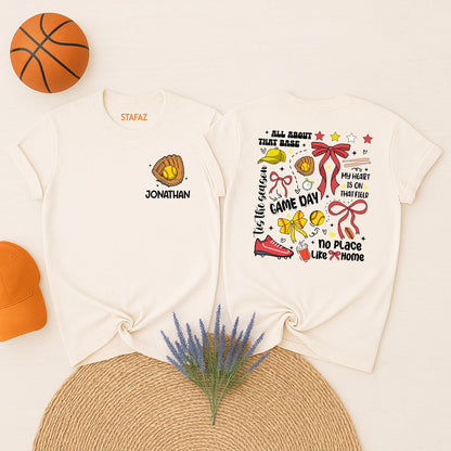 Jonathan's Softball Game Day Tee: Custom Number Softball Mom Shirt, All About That Base, Whimsical Sports Outfit, Personalized Team Name Gift (137 chars)