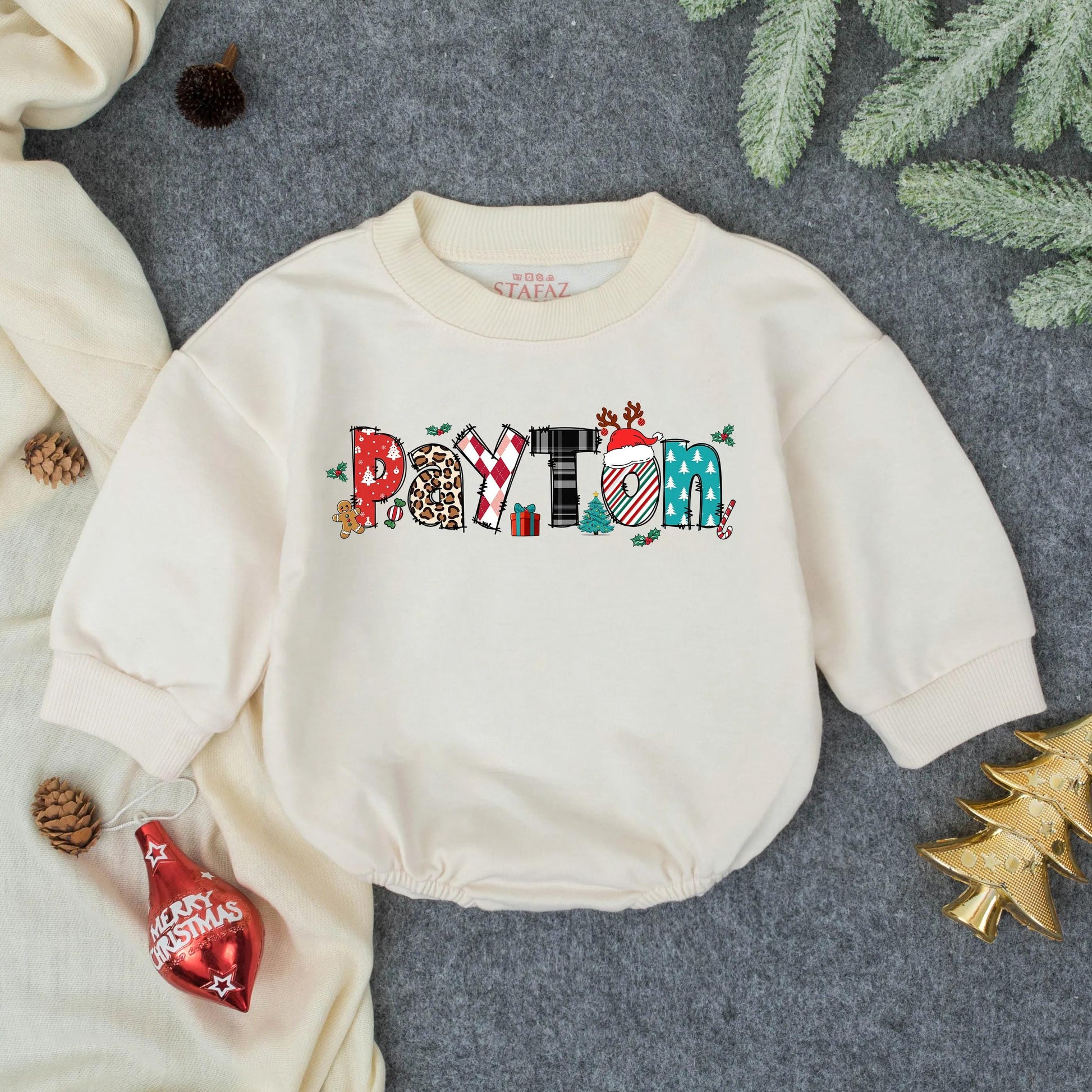 Personalized Baby Boy First Christmas Romper Outfit Custom Name Holiday Bubble Toddler Clothes Winter Gift Festive Infant Outfit Adorable Xmas 138
