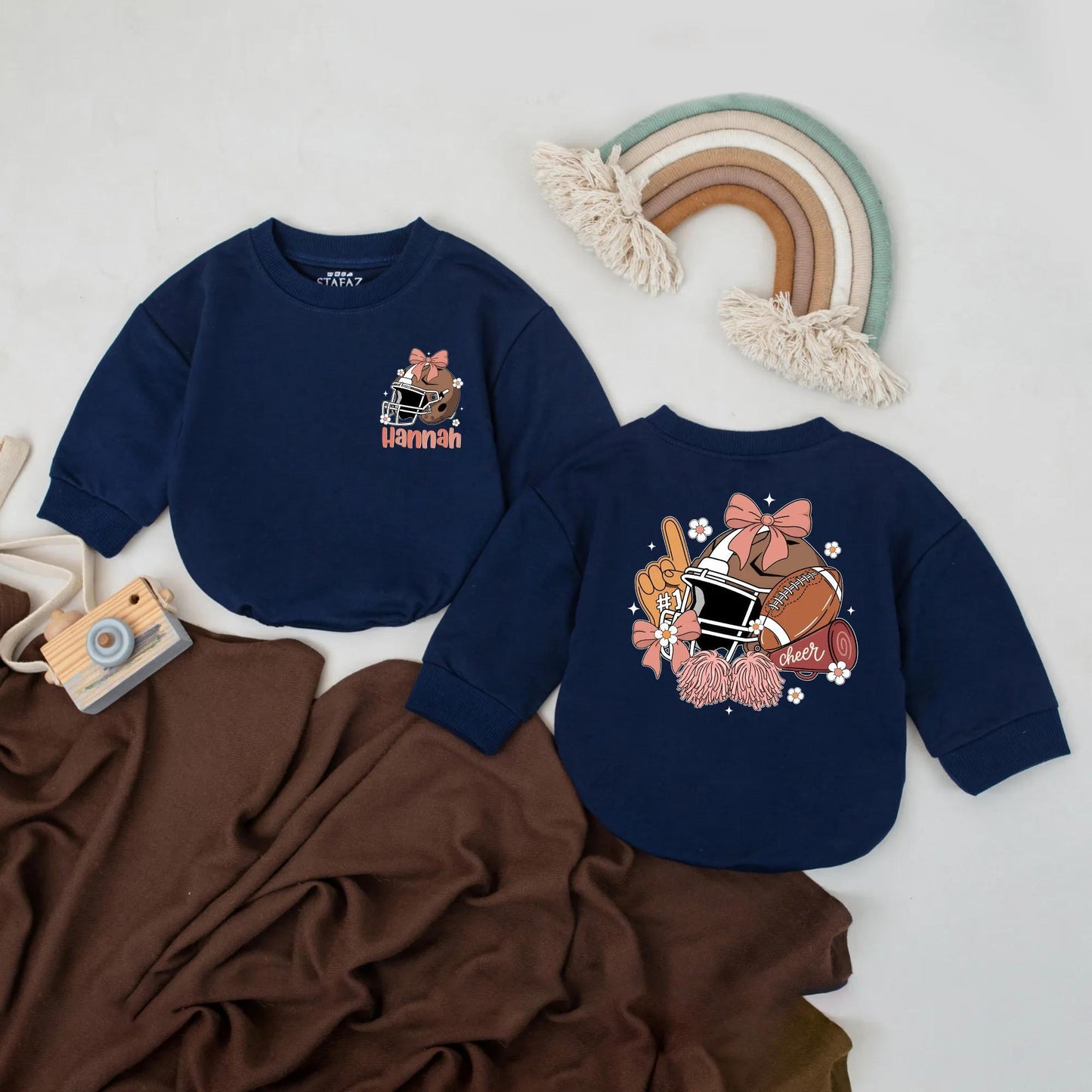 Custom Name Football Girl Bubble Romper First Birthday Game Day Outfit with Pink Bow Helmet Pom-Poms and Cheer Baby Sports Gift