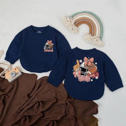 Custom Name Football Girl Bubble Romper First Birthday Game Day Outfit with Pink Bow Helmet Pom-Poms and Cheer Baby Sports Gift