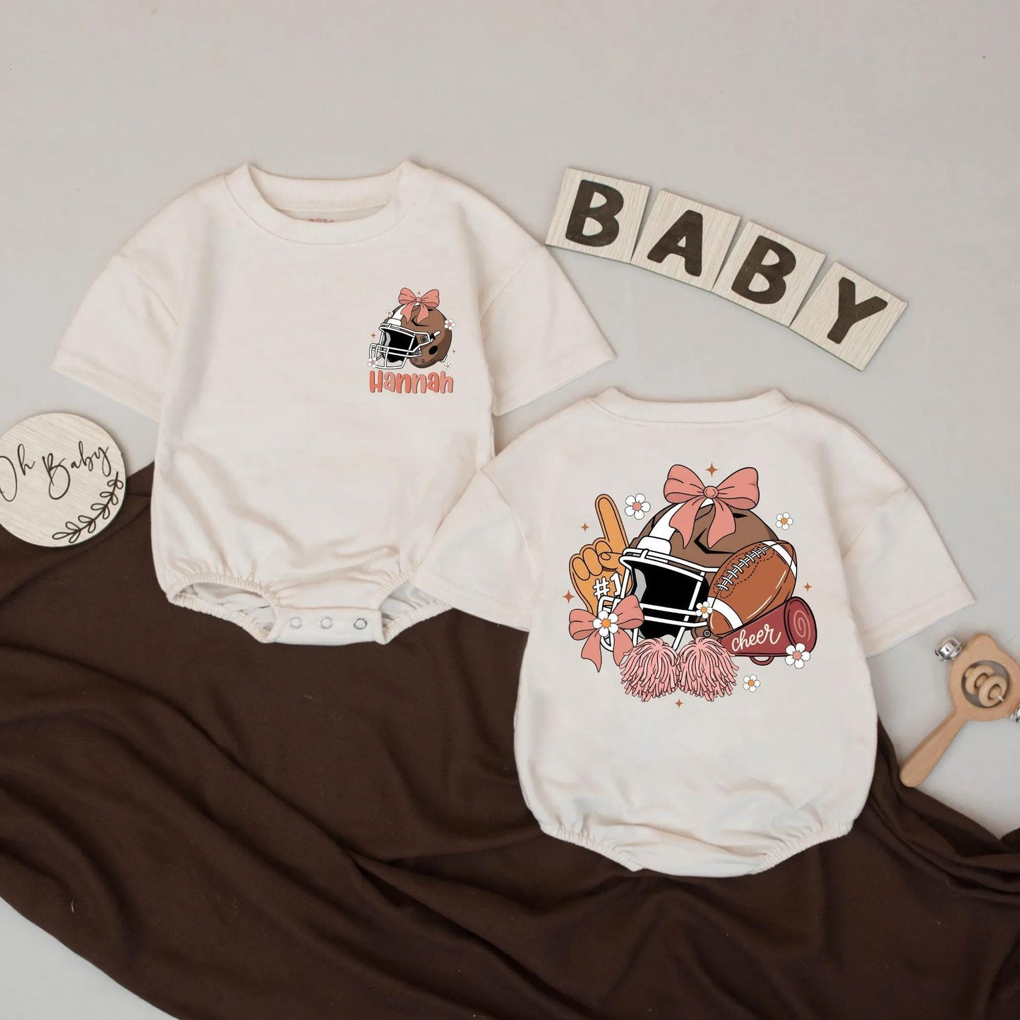 Custom Name Football Girl Bubble Romper First Birthday Game Day Outfit with Pink Bow Helmet Pom-Poms and Cheer Baby Sports Gift