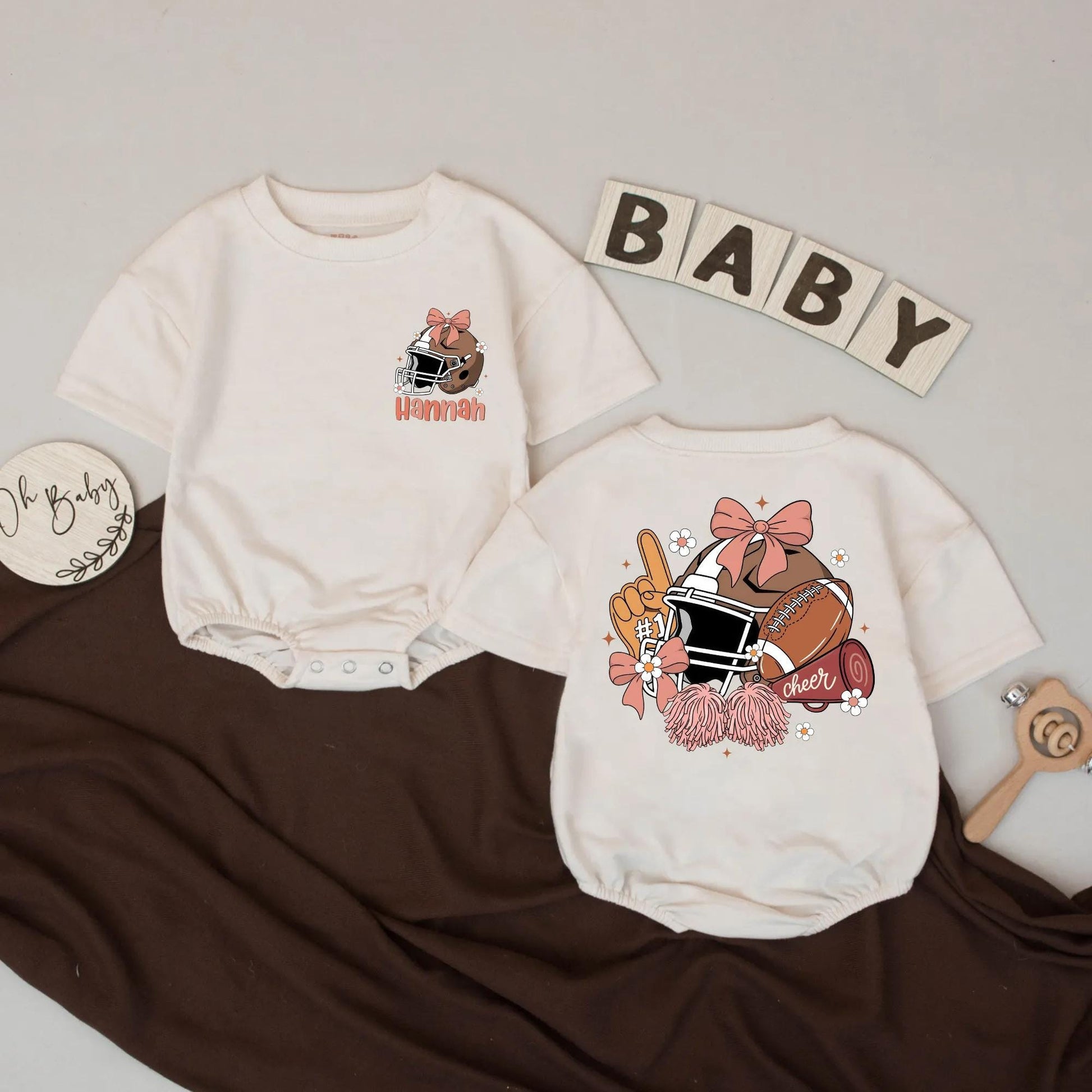 Custom Name Football Girl Bubble Romper First Birthday Game Day Outfit with Pink Bow Helmet Pom-Poms and Cheer Baby Sports Gift