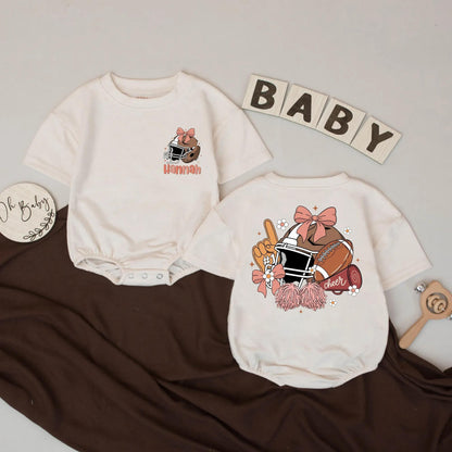 Custom Name Football Girl Bubble Romper First Birthday Game Day Outfit with Pink Bow Helmet Pom-Poms and Cheer Baby Sports Gift