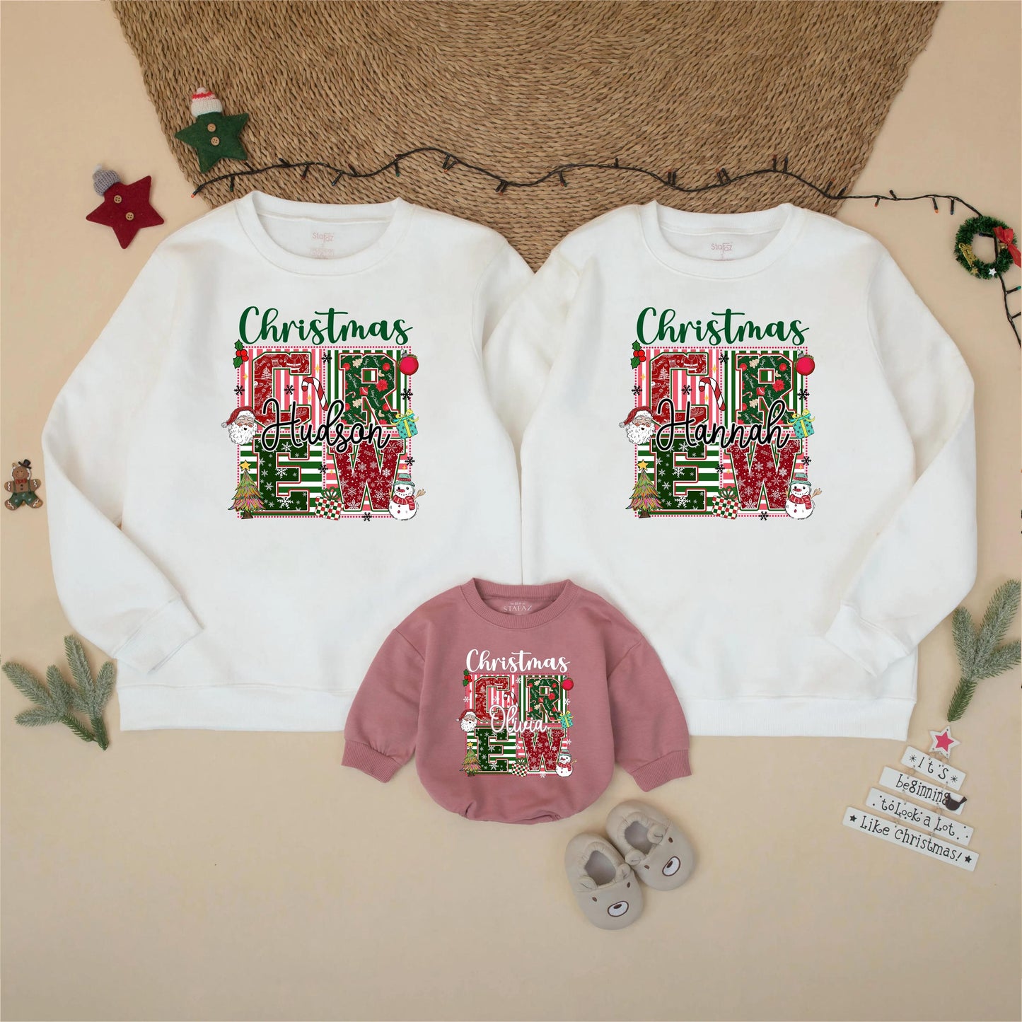 Personalized Christmas Crew Sweatshirt Matching Family Holiday Outfit Custom Name Christmas Trees Snowflakes Santa Festive Gift 130-140 chars