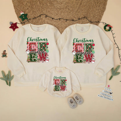 Personalized Christmas Crew Sweatshirt Matching Family Holiday Outfit Custom Name Christmas Trees Snowflakes Santa Festive Gift 130-140 chars