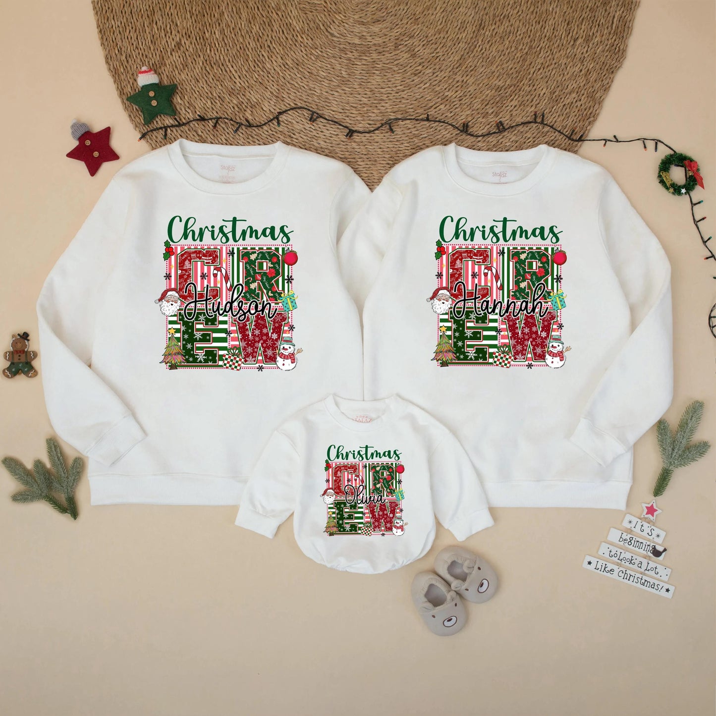 Personalized Christmas Crew Sweatshirt Matching Family Holiday Outfit Custom Name Christmas Trees Snowflakes Santa Festive Gift 130-140 chars