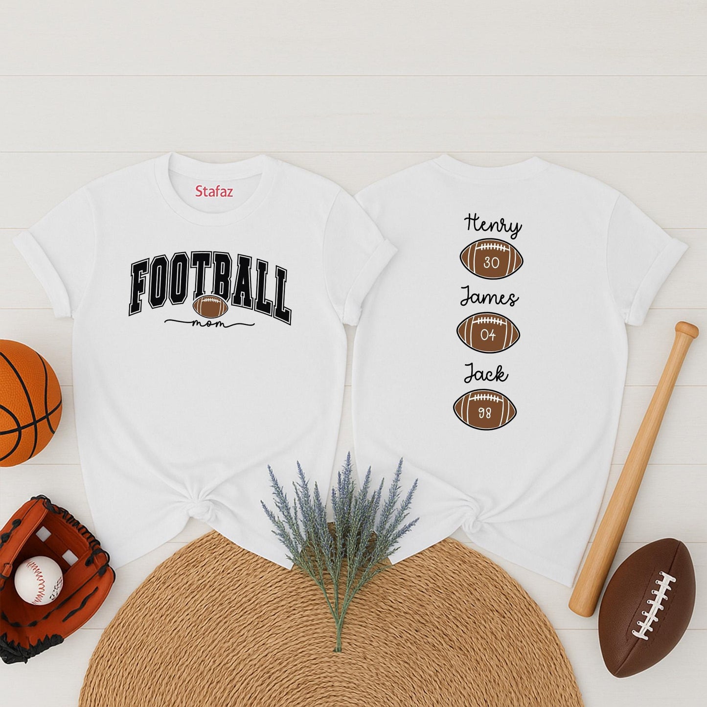Custom Football Mom Shirt with Kids Names Game Day Tee Proud Mama Sports Fan Gift Team Spirit Outfit