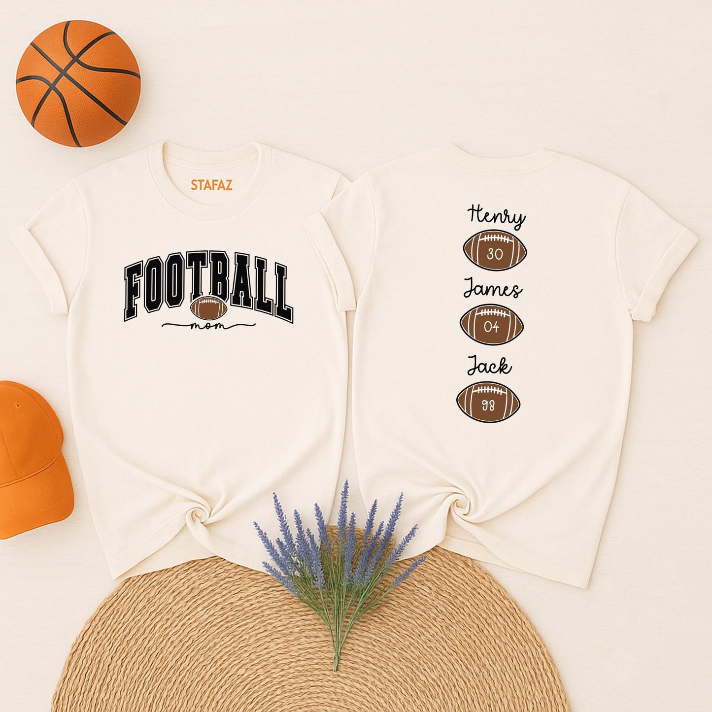 Custom Football Mom Shirt with Kids Names Game Day Tee Proud Mama Sports Fan Gift Team Spirit Outfit