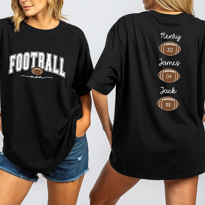 Custom Football Mom Shirt with Kids Names Game Day Tee Proud Mama Sports Fan Gift Team Spirit Outfit