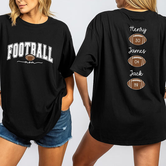 Custom Football Mom Shirt with Kids Names Game Day Tee Proud Mama Sports Fan Gift Team Spirit Outfit