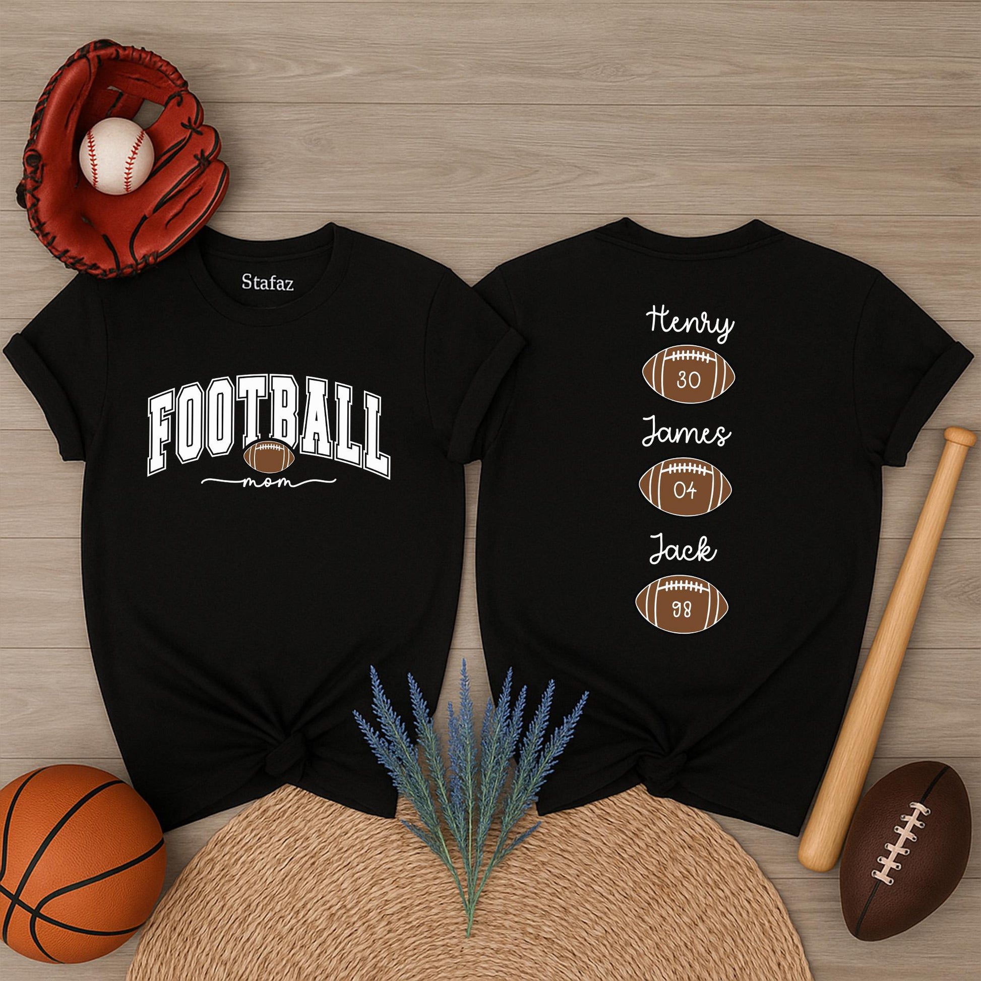 Custom Football Mom Shirt with Kids Names Game Day Tee Proud Mama Sports Fan Gift Team Spirit Outfit