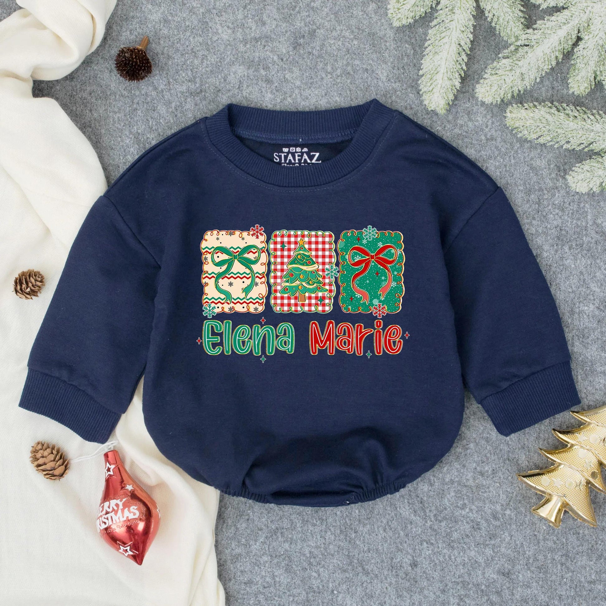 Elena Marie Christmas Girl Bubble Romper, Festive Baby Outfit, Personalized Holiday Toddler Clothes, First Christmas Gift, Snowflake Design