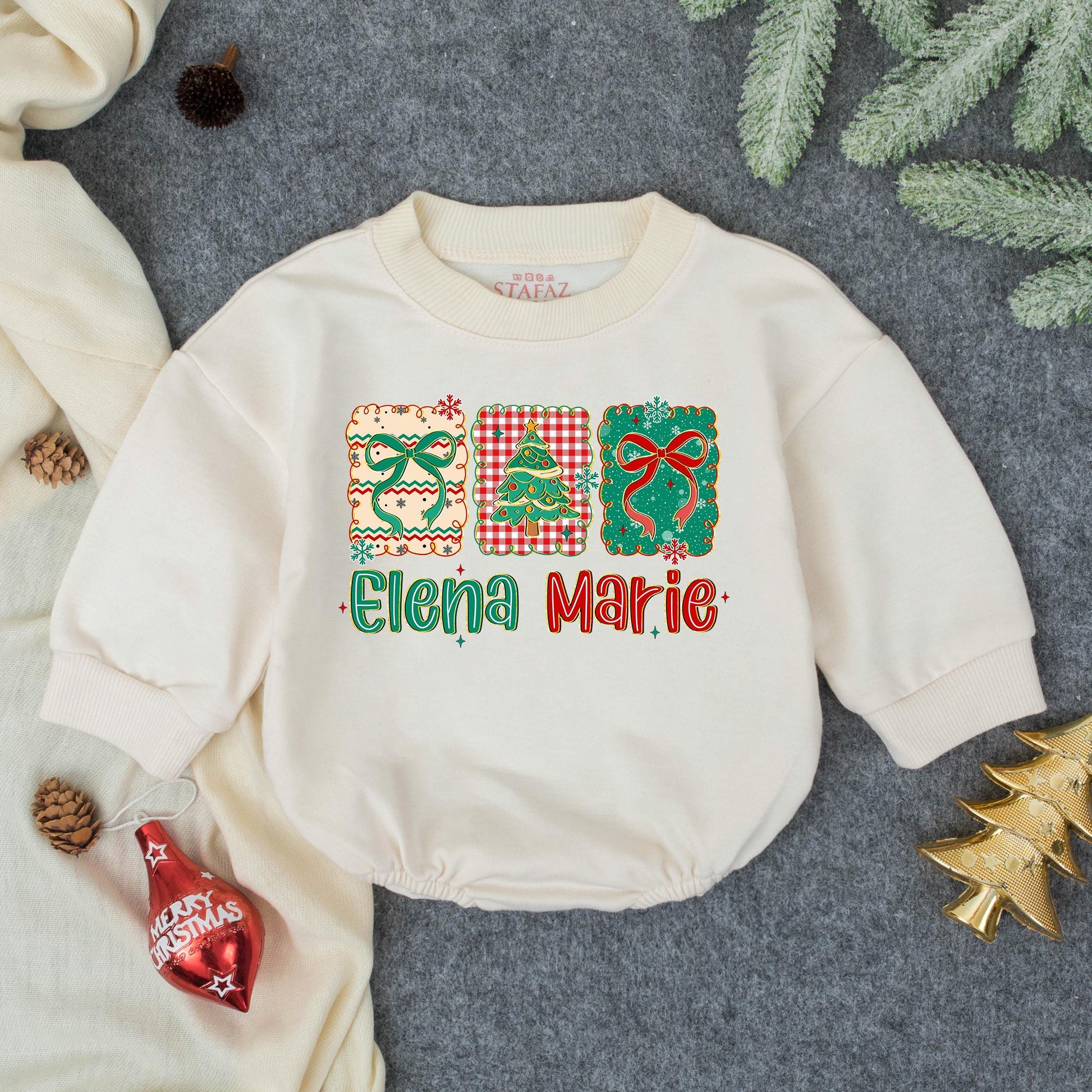 Elena Marie Christmas Girl Bubble Romper, Festive Baby Outfit, Personalized Holiday Toddler Clothes, First Christmas Gift, Snowflake Design