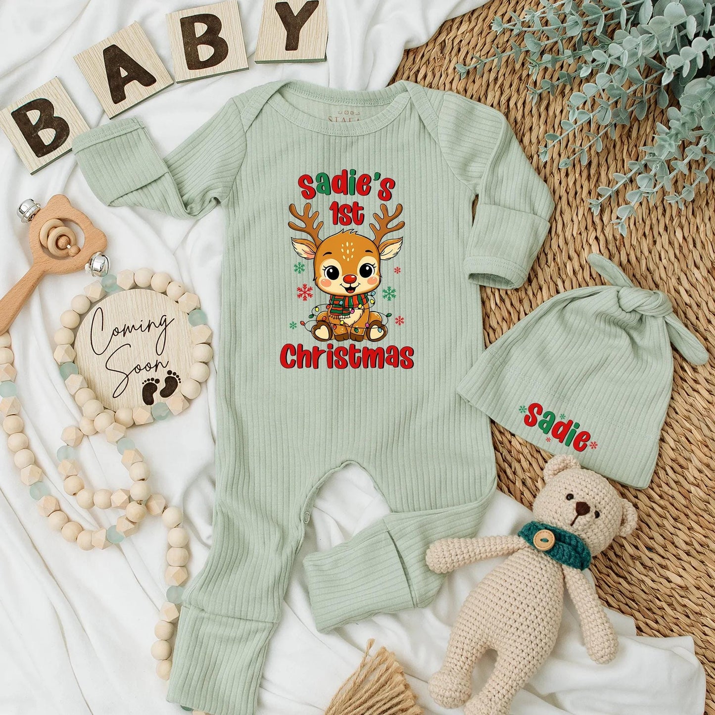 Sadie's 1st Christmas Reindeer Baby Bodysuit Outfit Personalized with Name, Cute Newborn Xmas Clothes, Baby Shower Gift, Festive Outfit 138