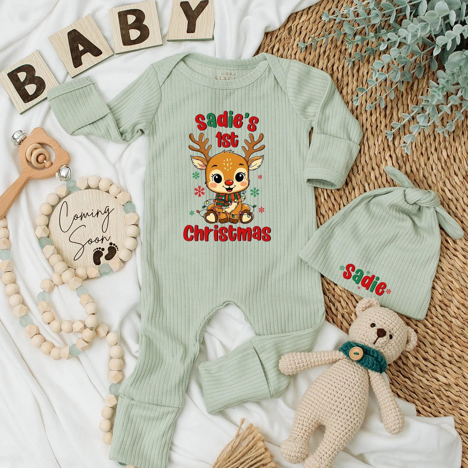 Sadie's 1st Christmas Reindeer Baby Bodysuit Outfit Personalized with Name, Cute Newborn Xmas Clothes, Baby Shower Gift, Festive Outfit 138
