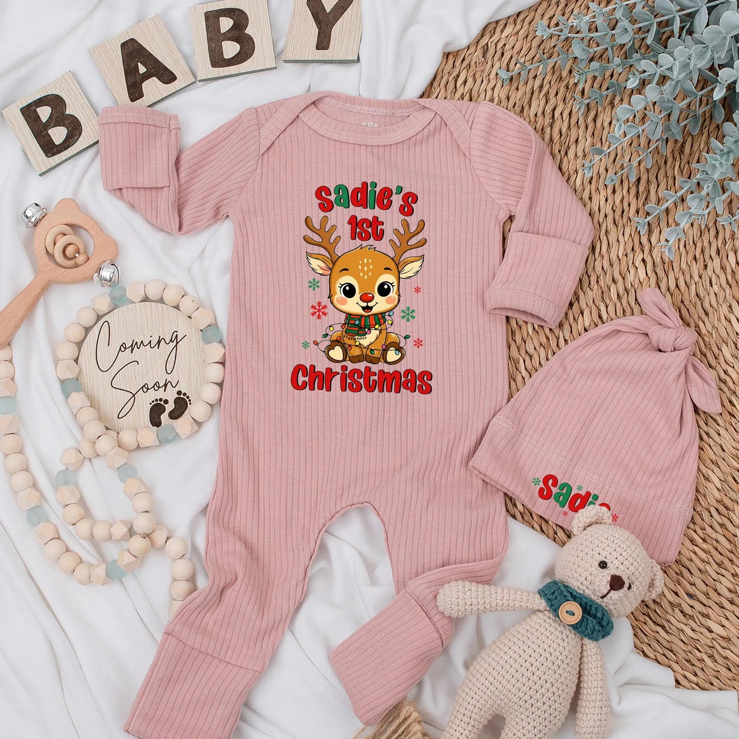 Sadie's 1st Christmas Reindeer Baby Bodysuit Outfit Personalized with Name, Cute Newborn Xmas Clothes, Baby Shower Gift, Festive Outfit 138