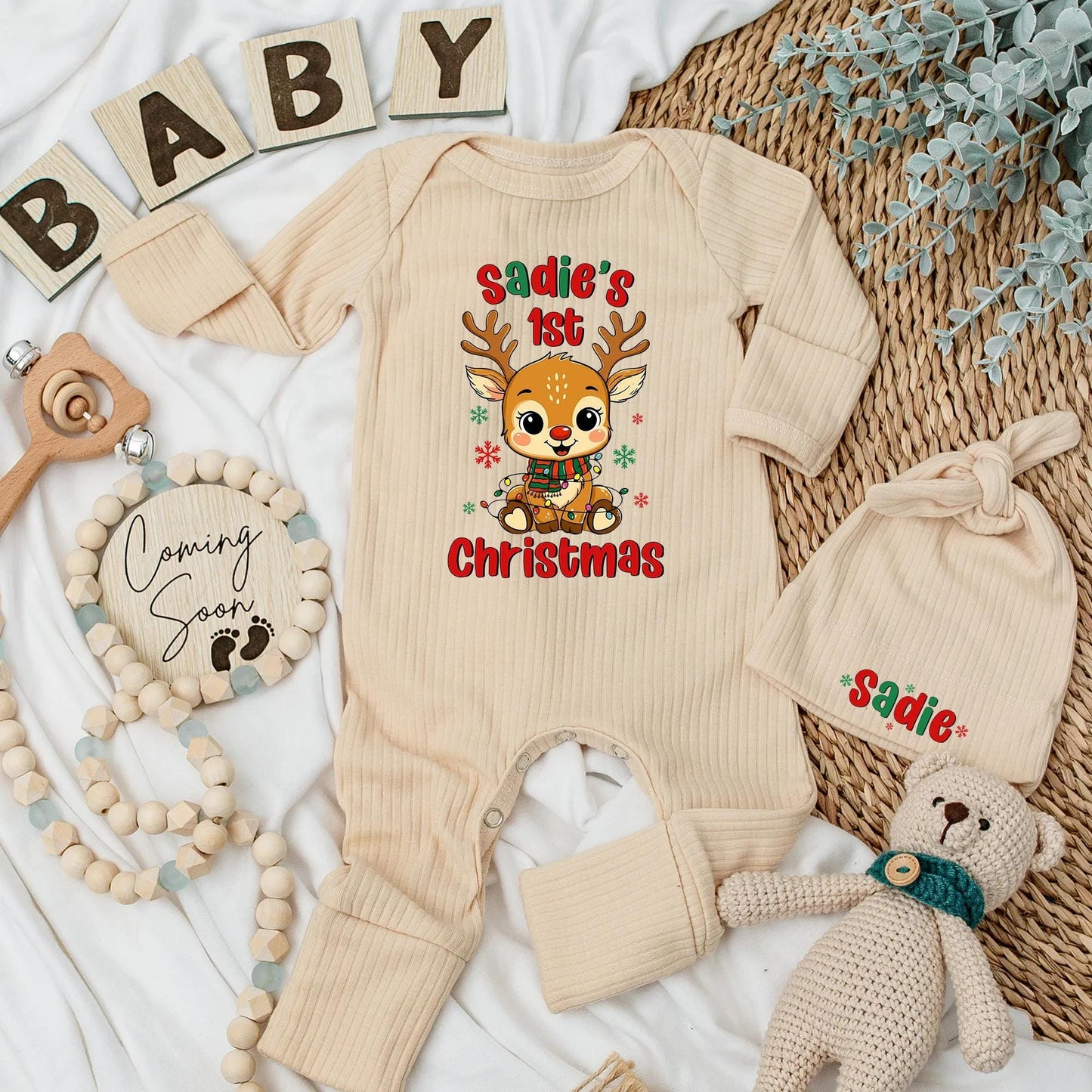 Sadie's 1st Christmas Reindeer Baby Bodysuit Outfit Personalized with Name, Cute Newborn Xmas Clothes, Baby Shower Gift, Festive Outfit 138