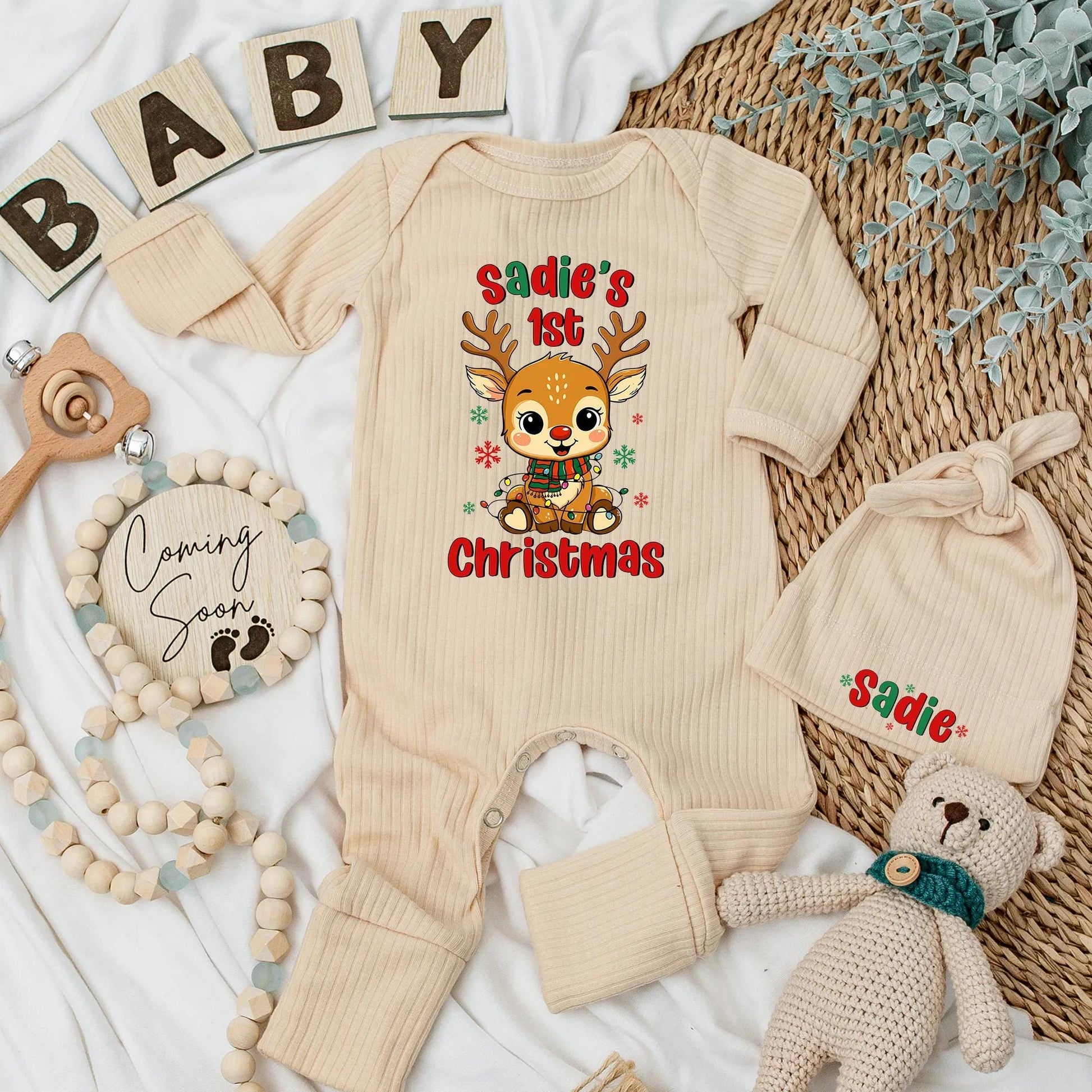 Sadie's 1st Christmas Reindeer Baby Bodysuit Outfit Personalized with Name, Cute Newborn Xmas Clothes, Baby Shower Gift, Festive Outfit 138