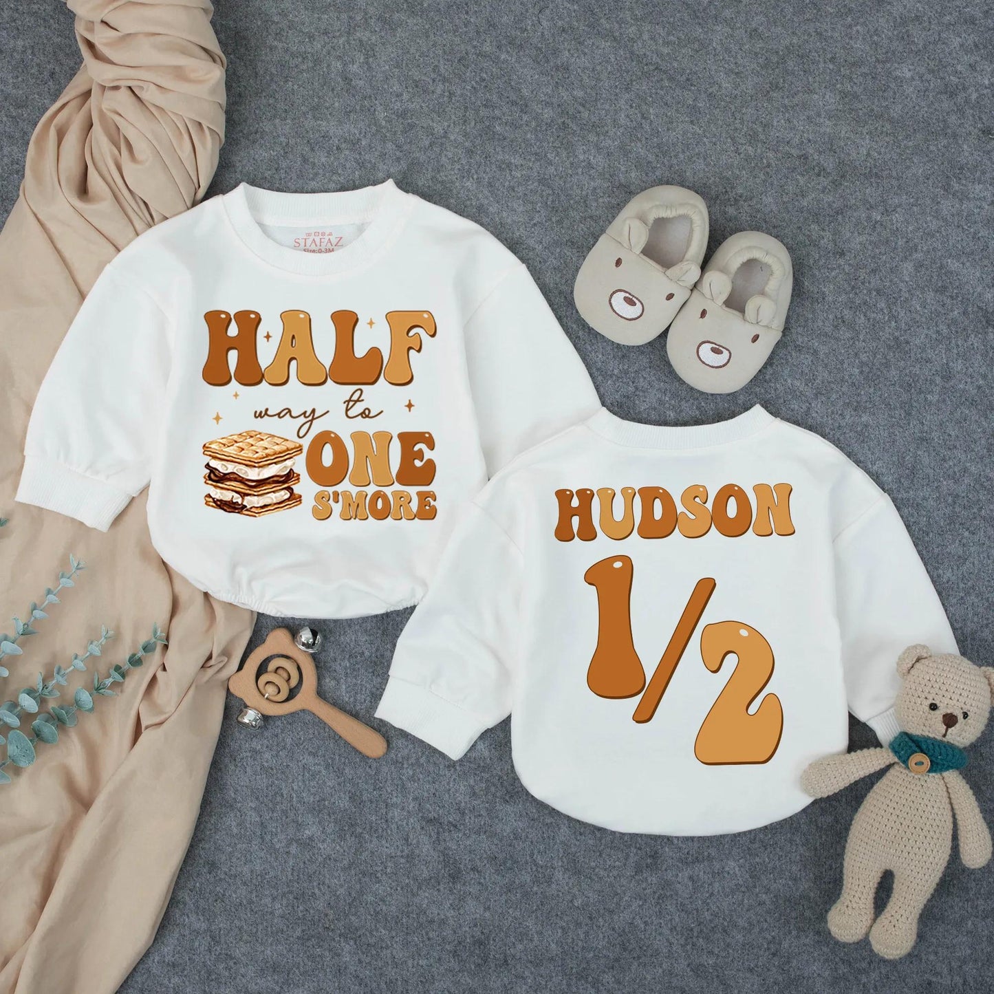 Custom Half Way To One S’more Romper 6 Months Milestone Outfit Baby Boy Clothes Personalized Half Birthday Gift