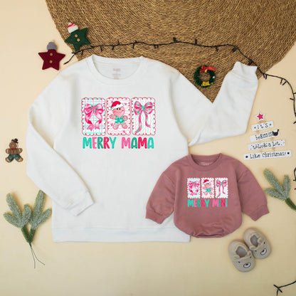Preppy Merry Mama Mini Matching Family Christmas Sweatshirt Romper Set with Gingerbread Pink Bows Playful Pastel Girly Design Gift