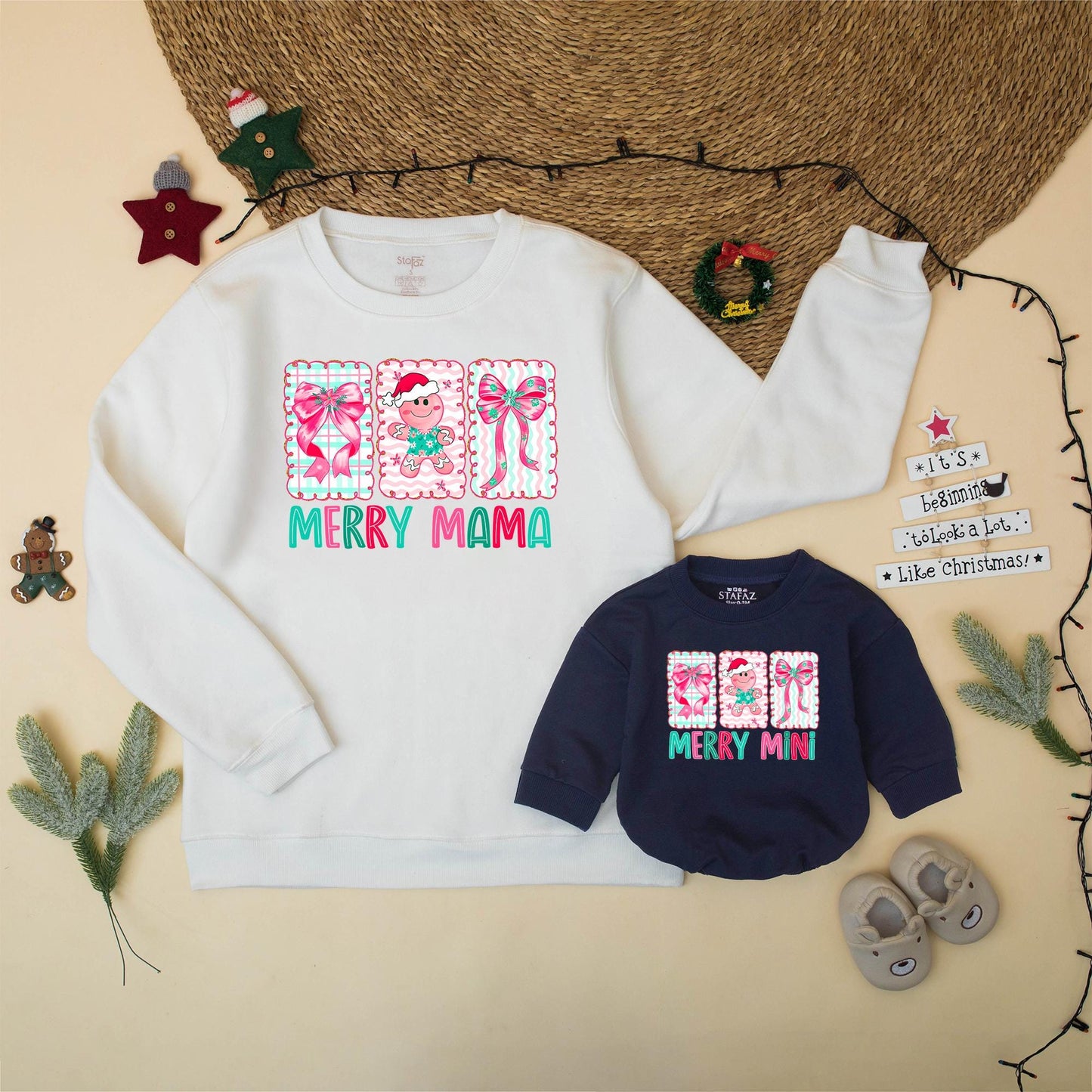 Preppy Merry Mama Mini Matching Family Christmas Sweatshirt Romper Set with Gingerbread Pink Bows Playful Pastel Girly Design Gift