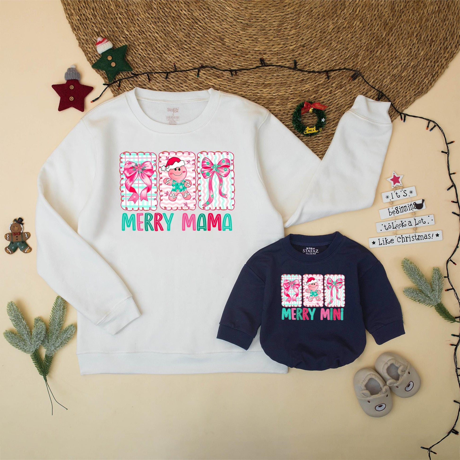 Preppy Merry Mama Mini Matching Family Christmas Sweatshirt Romper Set with Gingerbread Pink Bows Playful Pastel Girly Design Gift