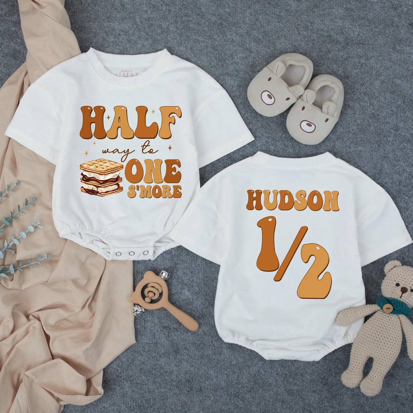 Personalized Half Way to One S'more Romper: Custom Name 1/2 Birthday Outfit Baby Boy 6 Month Milestone Clothes S'more Graphic Baby Shower Gift 138 chars