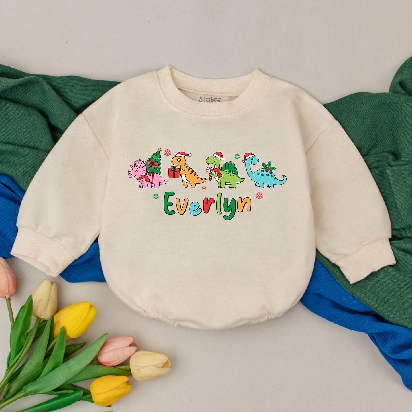 Everlyn's Dino Christmas Romper: Personalized First Christmas Outfit, Custom Name Dinosaur Holiday Bodysuit, Winter Baby Girl Clothes, Xmas Gift (139 chars)