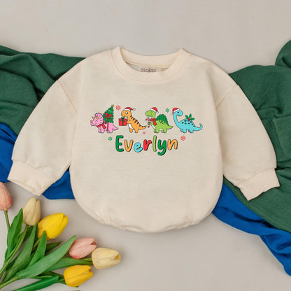Everlyn's Dino Christmas Romper: Personalized First Christmas Outfit, Custom Name Dinosaur Holiday Bodysuit, Winter Baby Girl Clothes, Xmas Gift (139 chars)