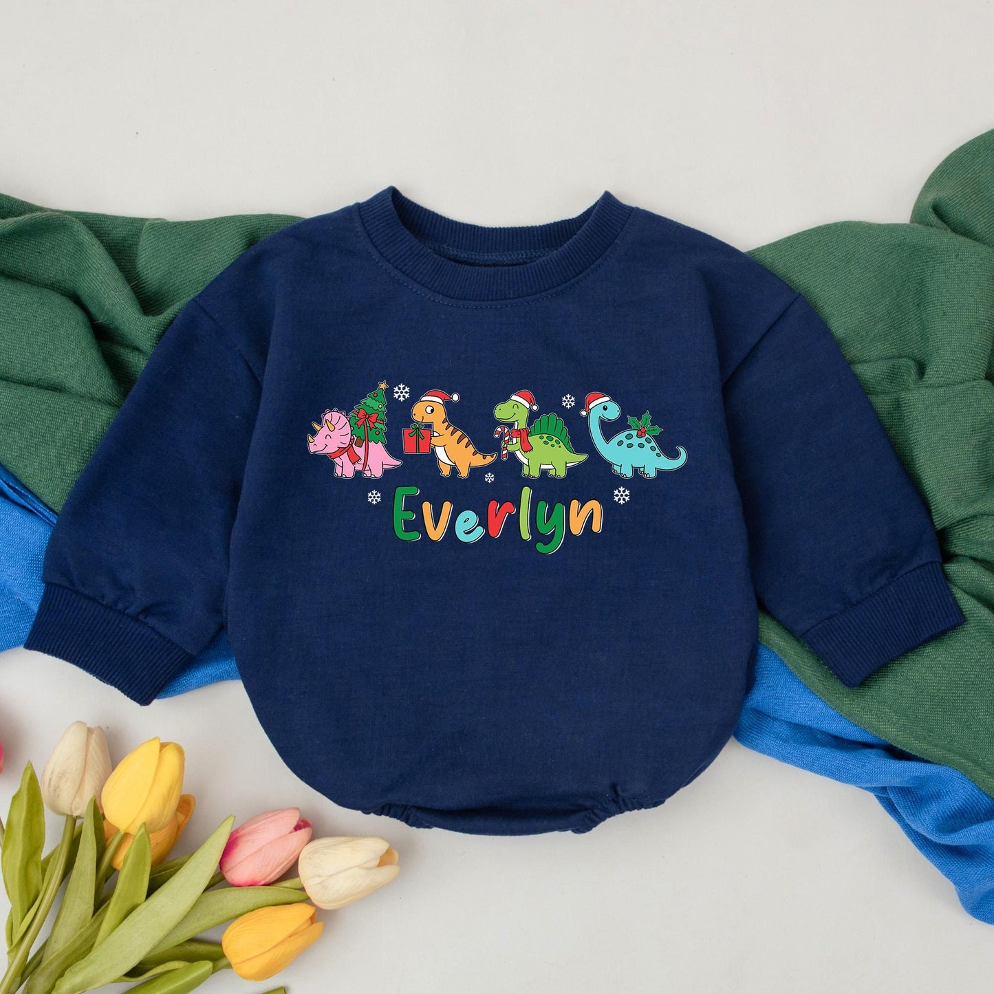 Everlyn's Dino Christmas Romper: Personalized First Christmas Outfit, Custom Name Dinosaur Holiday Bodysuit, Winter Baby Girl Clothes, Xmas Gift (139 chars)