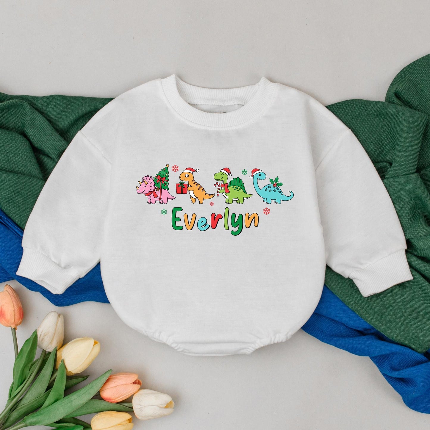 Everlyn's Dino Christmas Romper: Personalized First Christmas Outfit, Custom Name Dinosaur Holiday Bodysuit, Winter Baby Girl Clothes, Xmas Gift (139 chars)