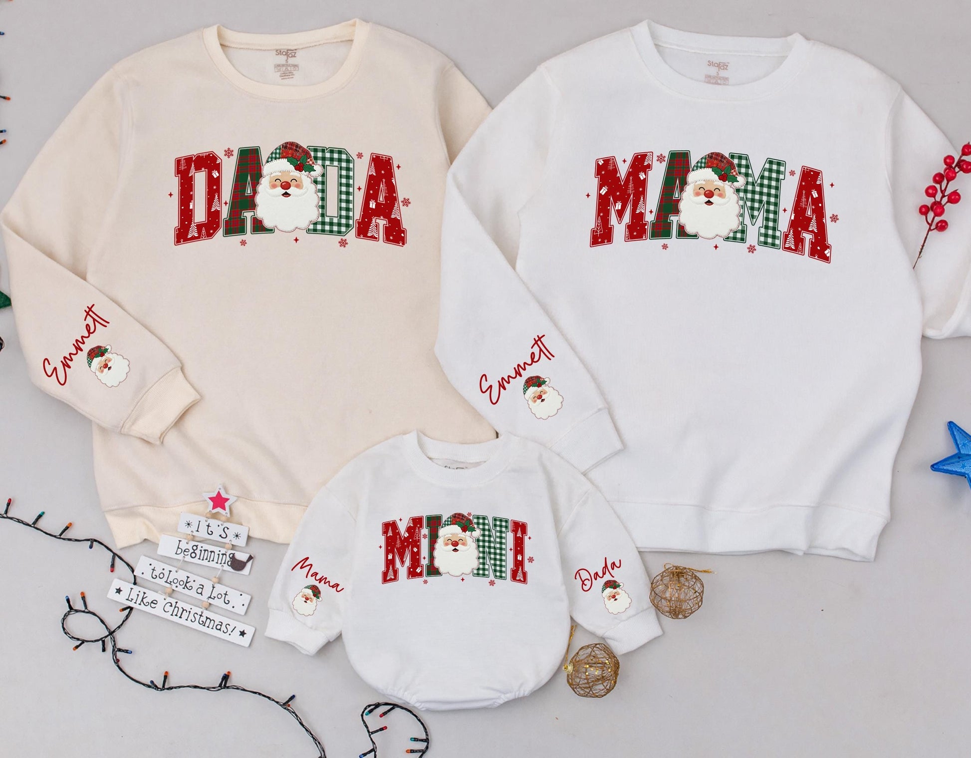 Custom Santa Christmas Family Matching Plaid Sweatshirts Mama Mini Dada Letters with Festive Santa Claus Design for Cozy Holiday Gifts