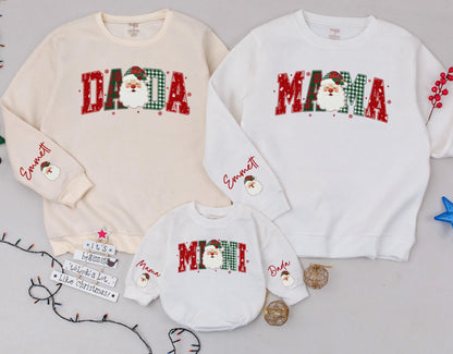 Custom Santa Christmas Family Matching Plaid Sweatshirts Mama Mini Dada Letters with Festive Santa Claus Design for Cozy Holiday Gifts