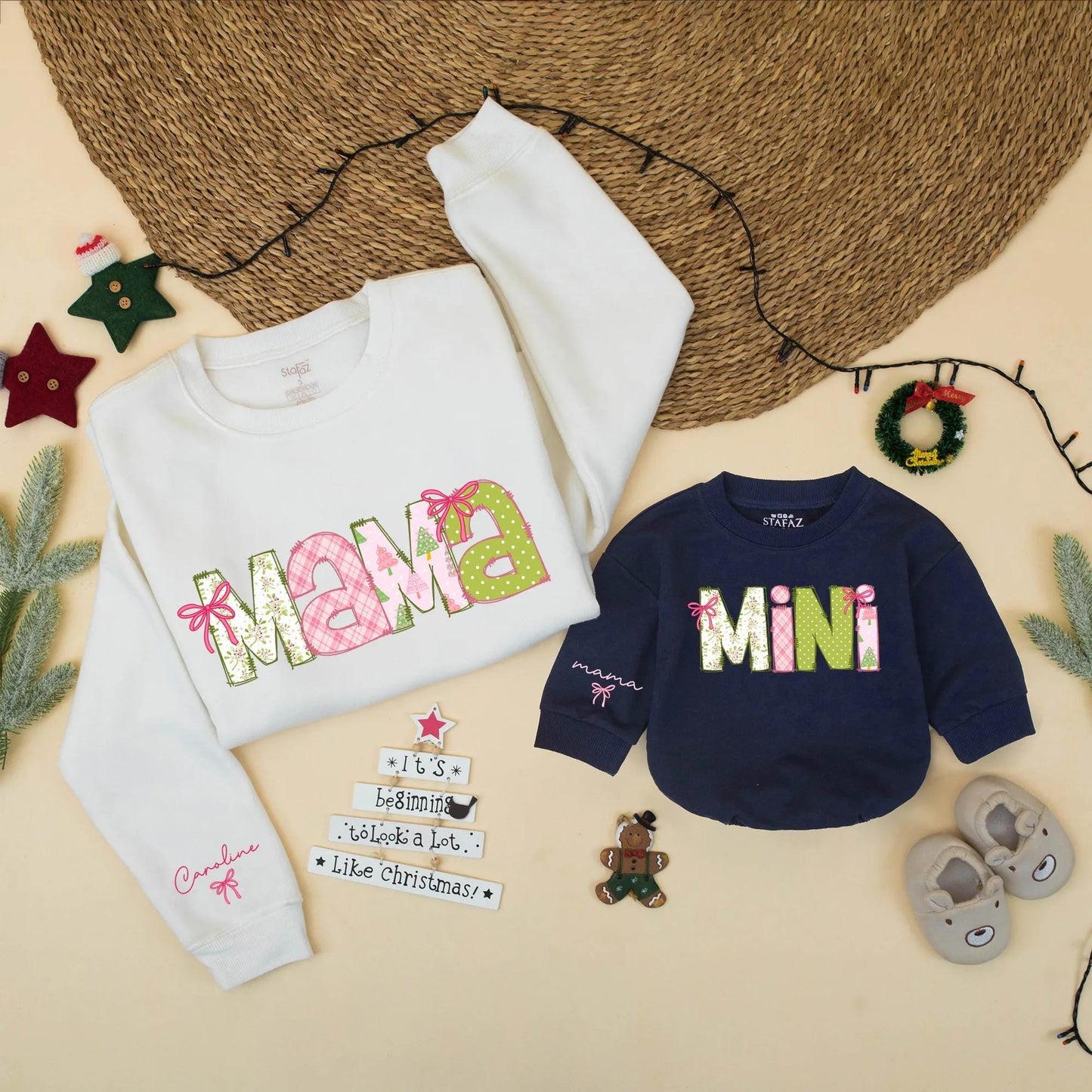 Pink Christmas Mama & Mini Matching Sweatshirt & Baby Girl Romper Set, Personalized Holiday Family Outfit, Christmas Gift