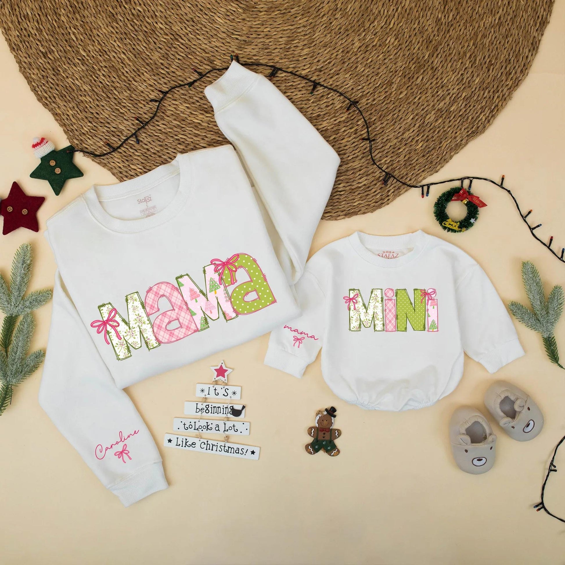 Pink Christmas Mama & Mini Matching Sweatshirt & Baby Girl Romper Set, Personalized Holiday Family Outfit, Christmas Gift