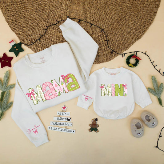 Pink Christmas Mama & Mini Matching Sweatshirt & Baby Girl Romper Set, Personalized Holiday Family Outfit, Christmas Gift