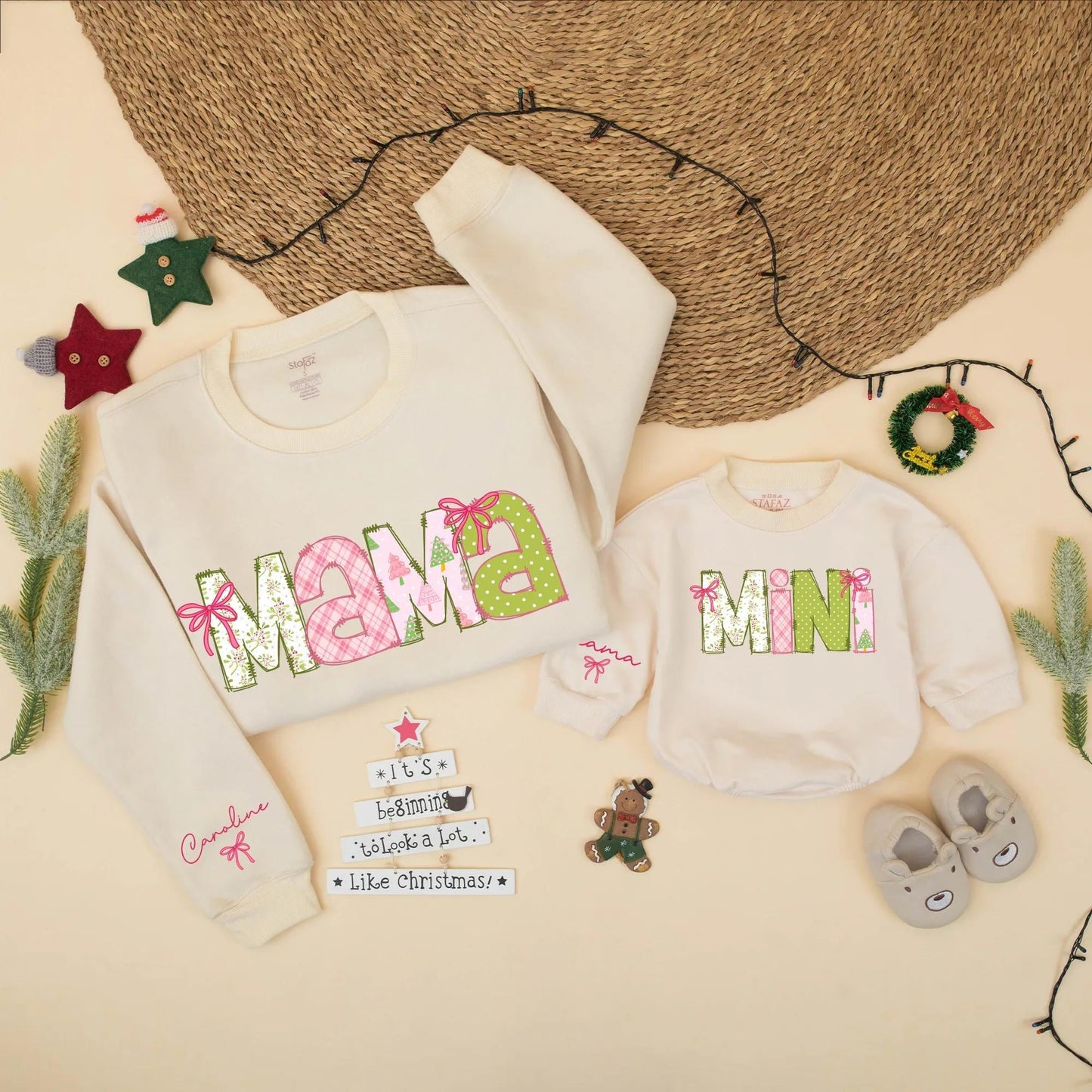 Pink Christmas Mama & Mini Matching Sweatshirt & Baby Girl Romper Set, Personalized Holiday Family Outfit, Christmas Gift
