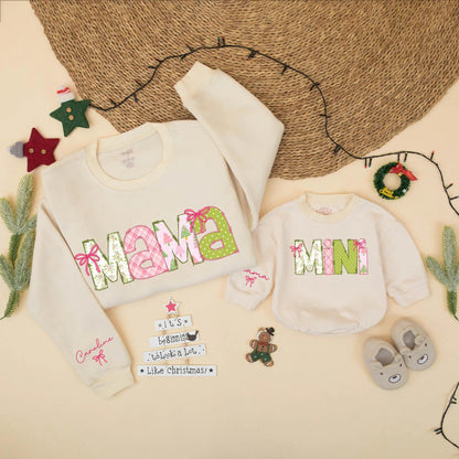 Pink Christmas Mama & Mini Matching Sweatshirt & Baby Girl Romper Set, Personalized Holiday Family Outfit, Christmas Gift