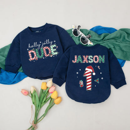 Personalized Holly Jolly Dude Romper Holiday Baby Bodysuit, Custom Name Xmas Outfit, First Christmas Gift, Winter Baby Clothes