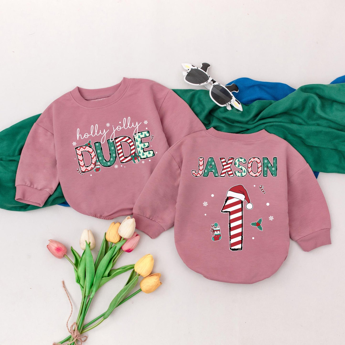 Personalized Holly Jolly Dude Romper Holiday Baby Bodysuit, Custom Name Xmas Outfit, First Christmas Gift, Winter Baby Clothes
