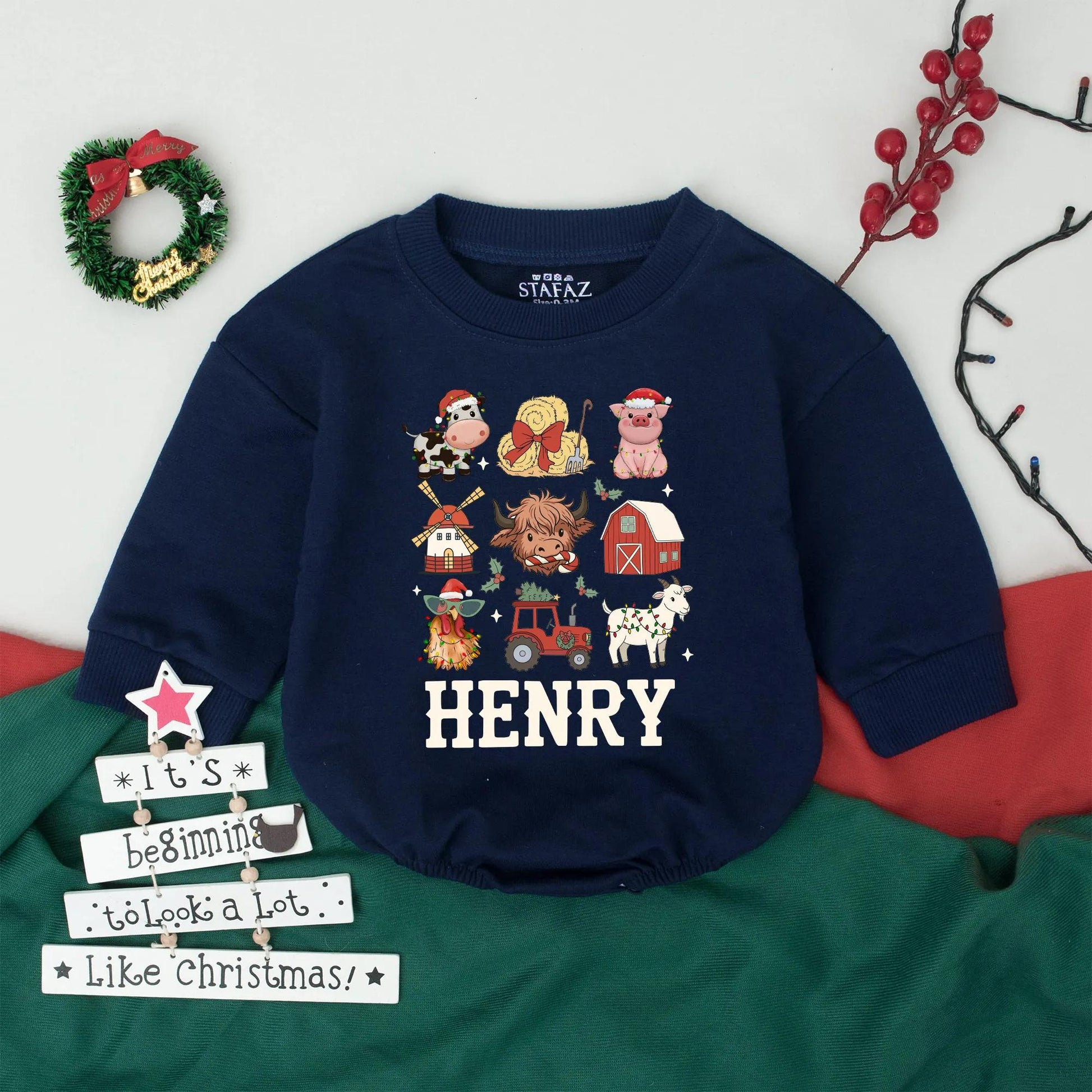 Personalized Name Highland Cow Christmas Bubble Romper for Baby's First Holiday Outfit Funny Animal Bodysuit Western Style Baby Gift