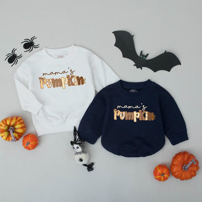 Personalized Mama & Mama's Pumpkin Matching Fall Sweatshirts Autumn Family Outfit Gingham Leaves Design Mommy and Me Thanksgiving Sweater