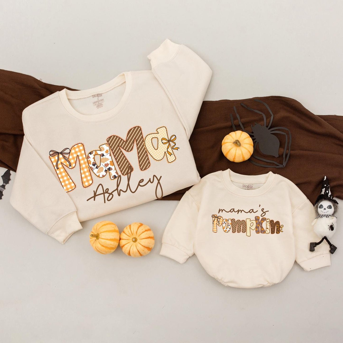 Personalized Mama & Mama's Pumpkin Matching Fall Sweatshirts Autumn Family Outfit Gingham Leaves Design Mommy and Me Thanksgiving Sweater