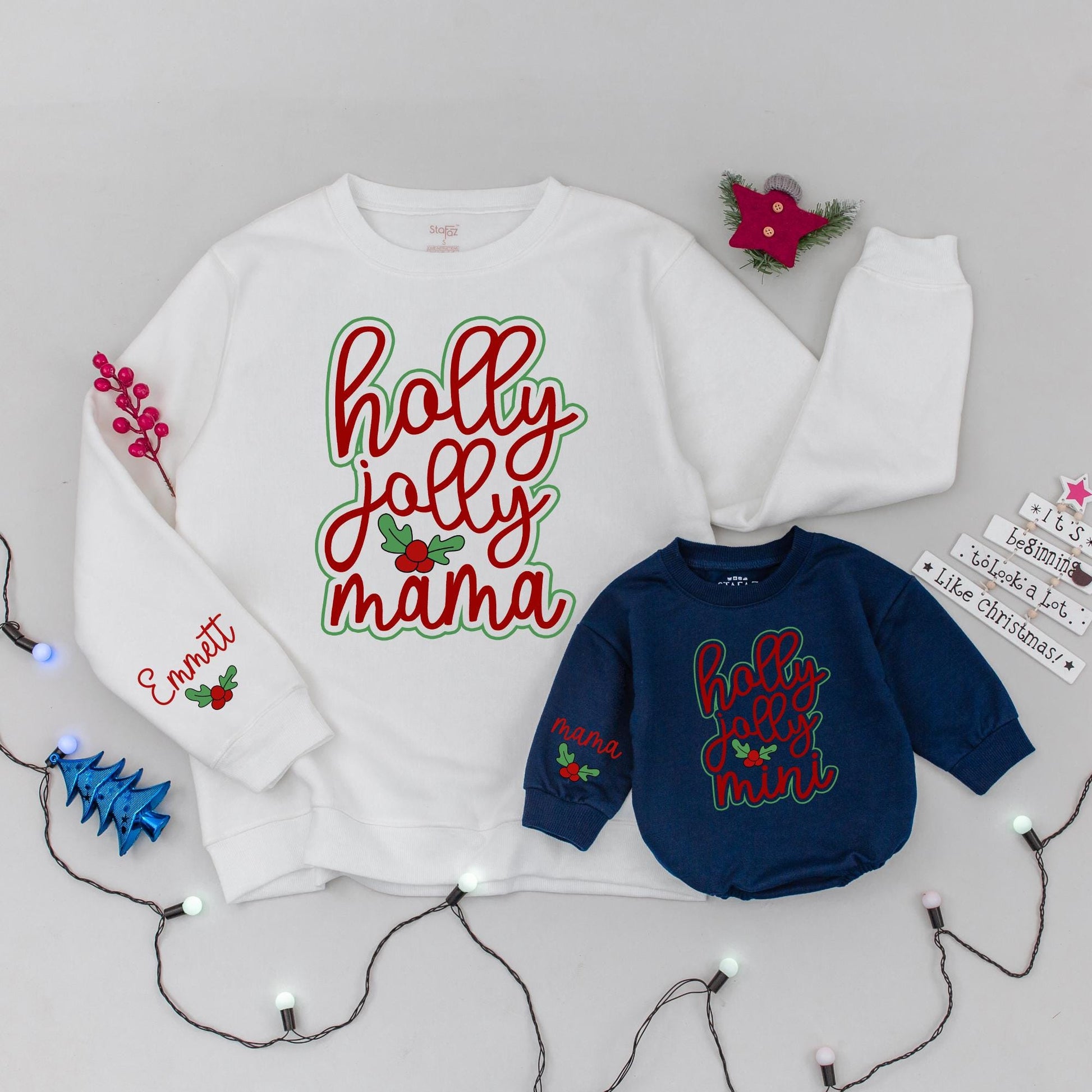 Holly Jolly Mama and Mini Matching Christmas Sweatshirts, Festive Mommy and Me Holiday Outfit, Personalized Sleeve, Cute Family Xmas Gift, Red & Green 139 chars