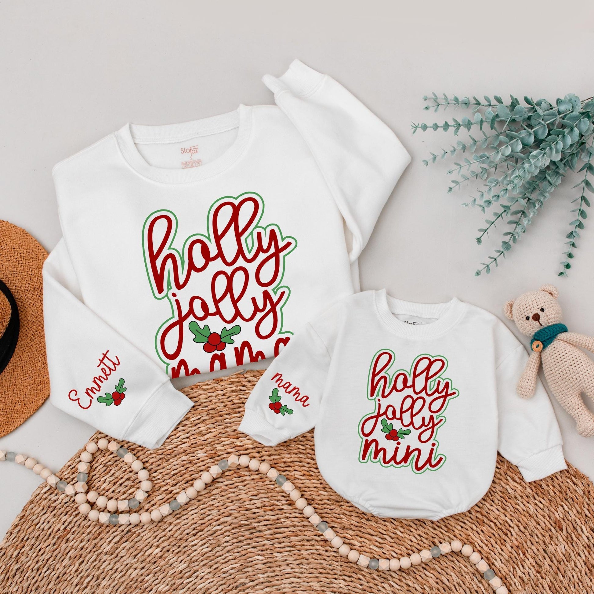 Holly Jolly Mama and Mini Matching Christmas Sweatshirts, Festive Mommy and Me Holiday Outfit, Personalized Sleeve, Cute Family Xmas Gift, Red & Green 139 chars