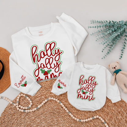 Holly Jolly Mama and Mini Matching Christmas Sweatshirts, Festive Mommy and Me Holiday Outfit, Personalized Sleeve, Cute Family Xmas Gift, Red & Green 139 chars